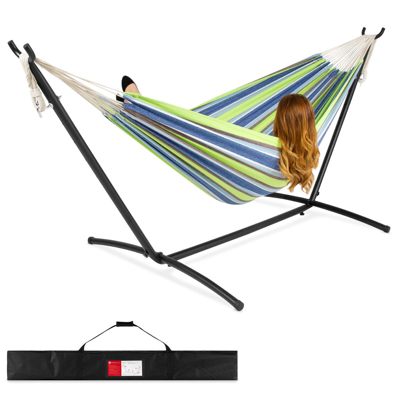 Best Choice Products 2-Person Brazilian-Style Cotton Double Hammock with Stand Set w/ Carrying Bag